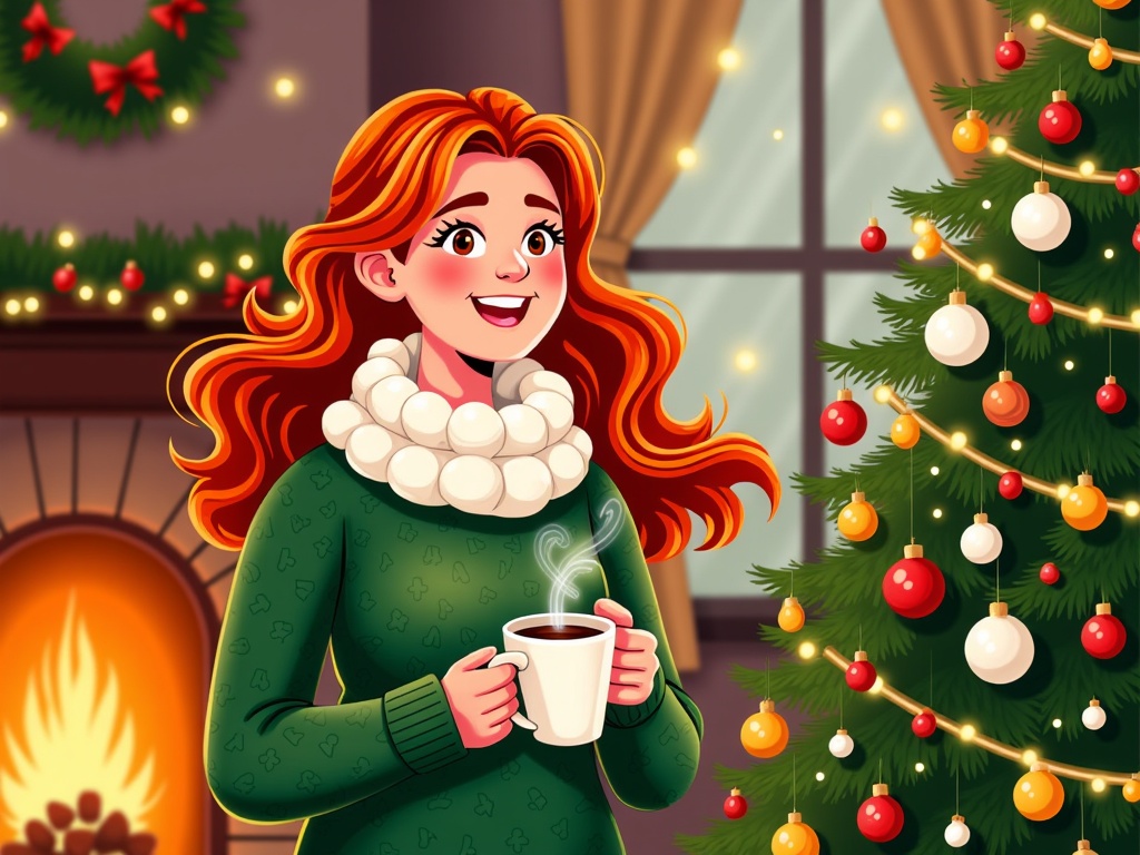  a young woman with long red hair, wearing a green sweater and a white scarf around her neck. She is standing in front of a fireplace with a Christmas tree on the right side of the image. The tree is decorated with colorful ornaments and lights, and there is a wreath hanging on the wall above the fireplace. The woman is holding a white mug with a steaming hot beverage in it and is smiling at the camera. The background is a cozy living room with a window and curtains.