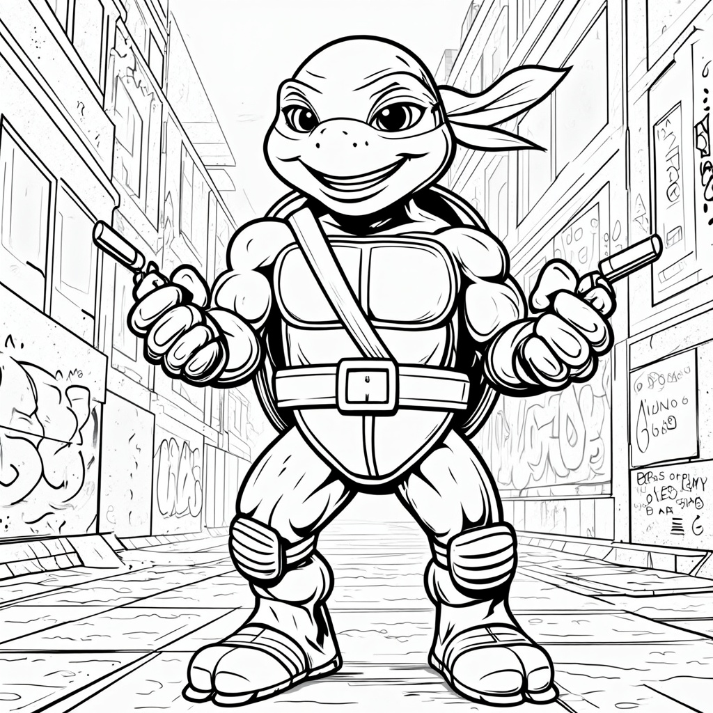 The image shows a sketch of a teenage mutant ninja turtle, Raphael, holding two guns in his hands. He is wearing his signature red bandana and has a determined expression on his face. The background of the image is filled with buildings, giving the impression of a cityscape.