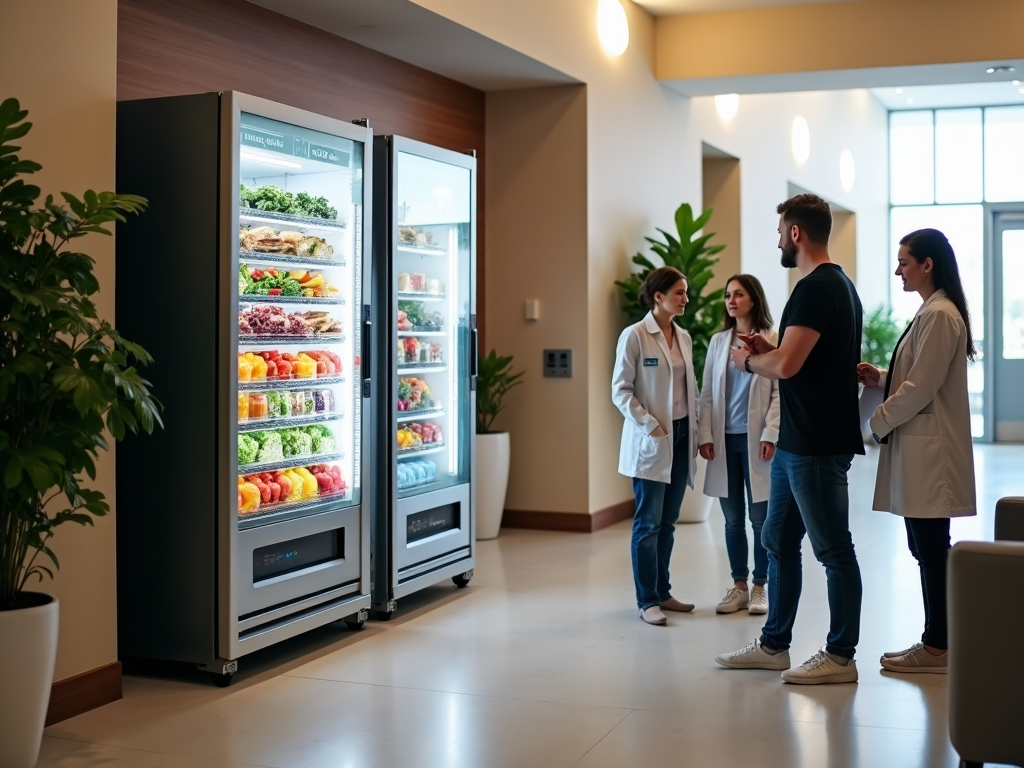 A vending machine in a hospital lobby offering salads, sandwiches, and fresh fruit, part of an initiative to promote healthy eating in healthcare environments.