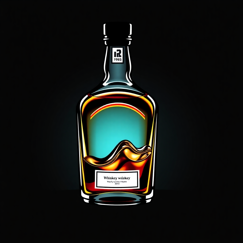 The image is a digital illustration of a bottle of whiskey. The bottle is made of glass and has a black cap. The label on the bottle is white with the brand name Whiskey Whiskey written in bold black letters. The background is black, making the bottle stand out.  The bottle is filled with a golden-colored liquid, which appears to be whiskey, and it has a wave-like design on the front. The wave is made up of different shades of orange, yellow, and blue, creating a gradient effect. The colors are arranged in a way that creates a sense of depth and dimension. The overall style of the illustration is modern and minimalistic.