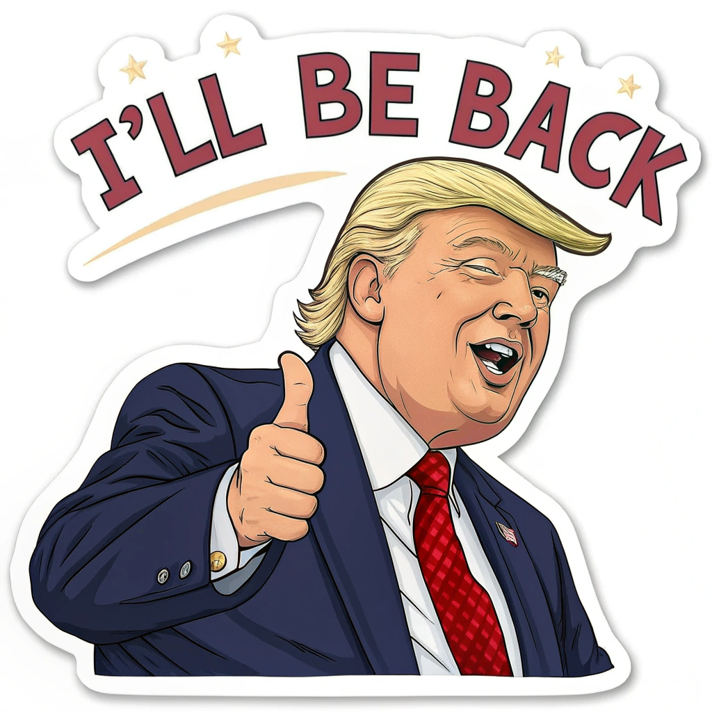 A sticker depicting Trump in a humorous pose, perhaps winking or giving a thumbs up, with the 'I'll Be Back' text overlayed in a speech bubble.