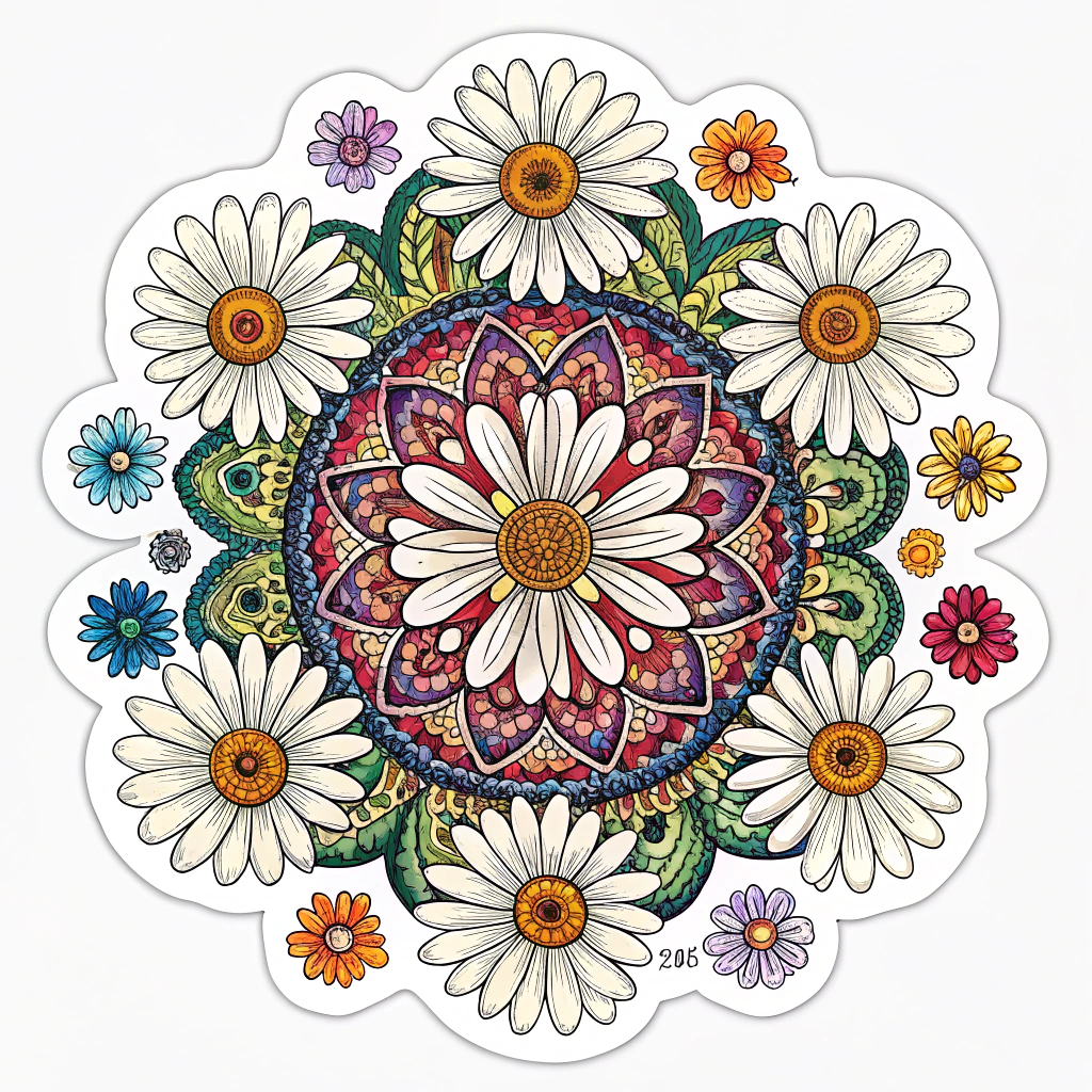 Sub-design Idea 3: Pixel Daisy Mandala - Multiple pixel daisies arranged in a psychedelic, symmetrical mandala pattern, potentially varying in size and color, creating an intricate and hypnotic visual appealing to rave aesthetics.