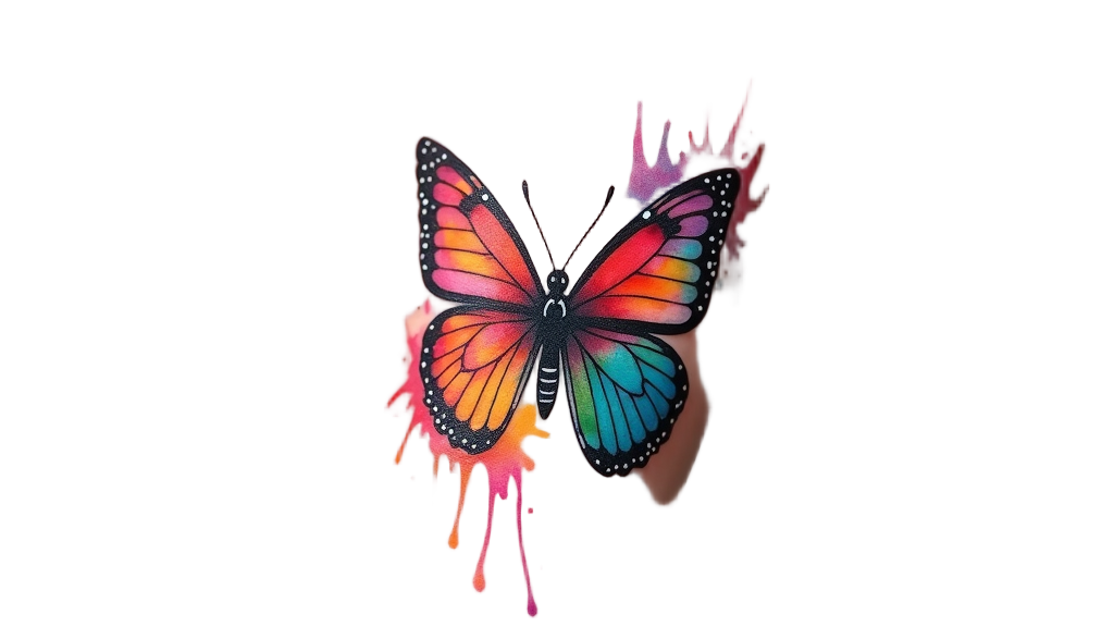 A watercolor butterfly tattoo design where colors blend seamlessly, creating a splash effect on the forearm, conveying artistic expression and life’s fluidity.