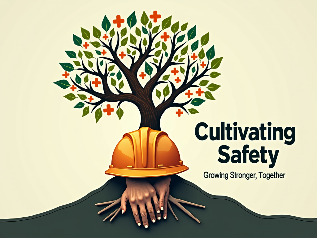 Growing Safety Culture Tree: Depict a vibrant tree growing out of a hard hat or intertwined tools, with leaves shaped like plus signs or checkmarks. The roots can be shown as hands holding together, symbolizing a strong foundation built on teamwork nurturing a positive safety culture. Slogan idea: 'Cultivating Safety - Growing Stronger, Together.'