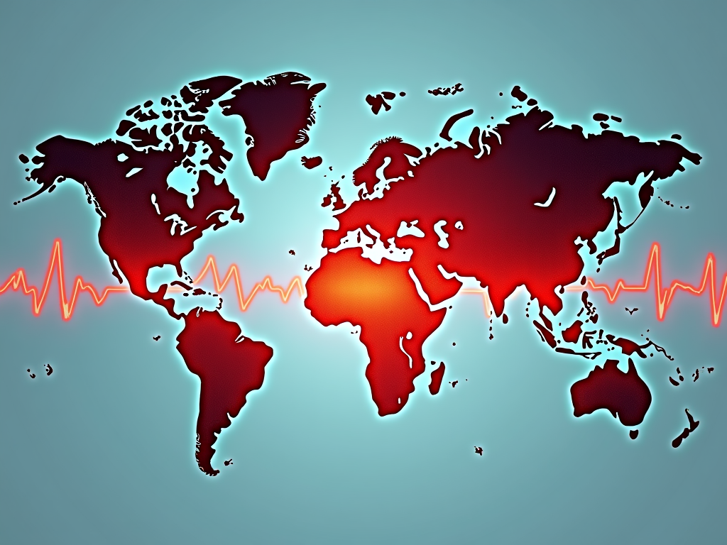 World map integrated with a continuous EKG/heartbeat line weaving through continents, symbolizing the life and positive energy spread by paying it forward across the globe.