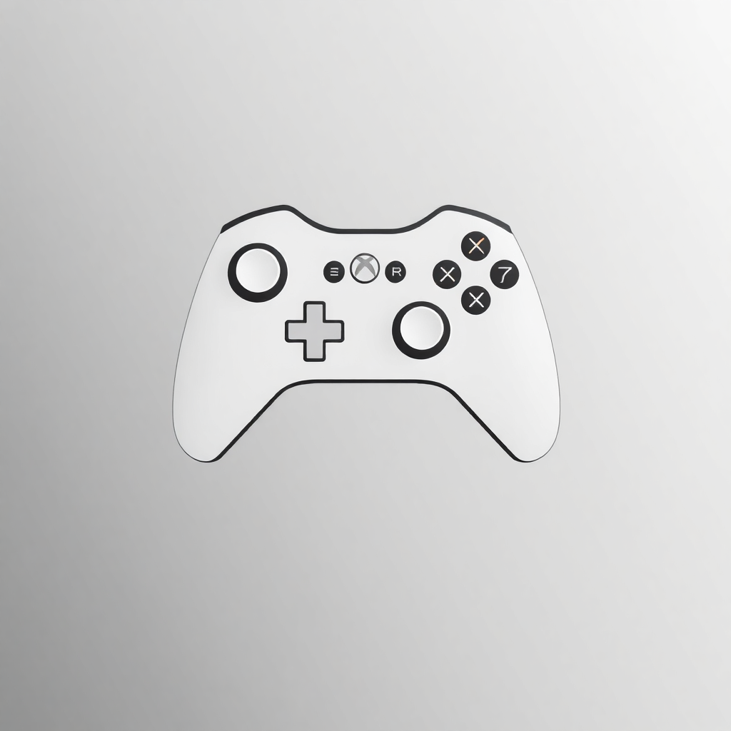 The image is a black and white line drawing of a video game controller. The controller is in the shape of a joystick with four buttons, a plus sign, a directional pad, four action buttons, two shoulder buttons, and two triggers. The buttons are arranged in a grid-like pattern, with the plus sign in the center and the two action buttons on either side. The joystick appears to be made of plastic or a similar material. The background is plain white, making the controller stand out.