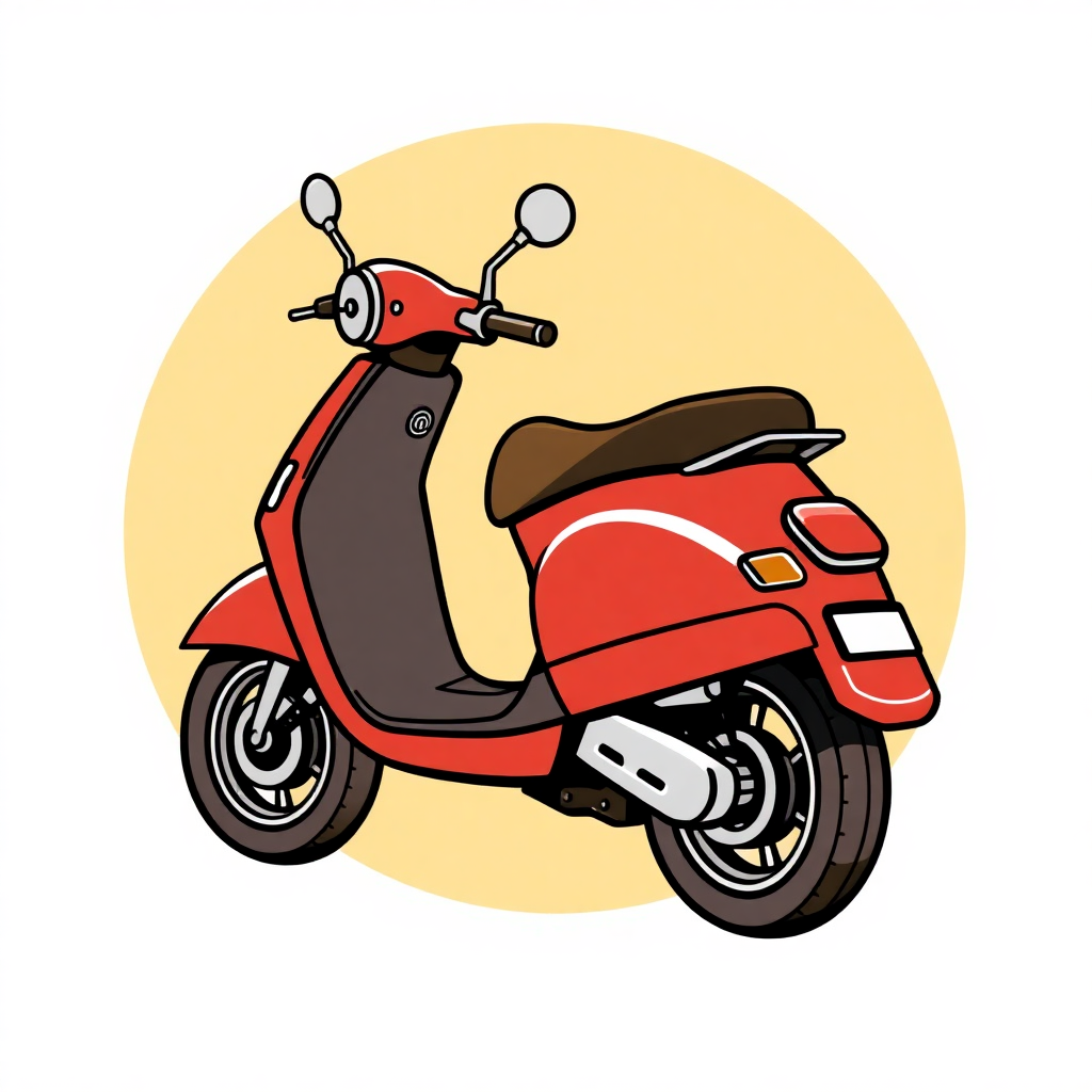 The image is a digital illustration of a red scooter. The scooter has a sleek design with a round body and a black seat. It has two round mirrors on the top and a handlebar on the right side. The front of the scooter is facing towards the left side of the image. The background is a light yellow color. The image has a simple and cartoon-like style.