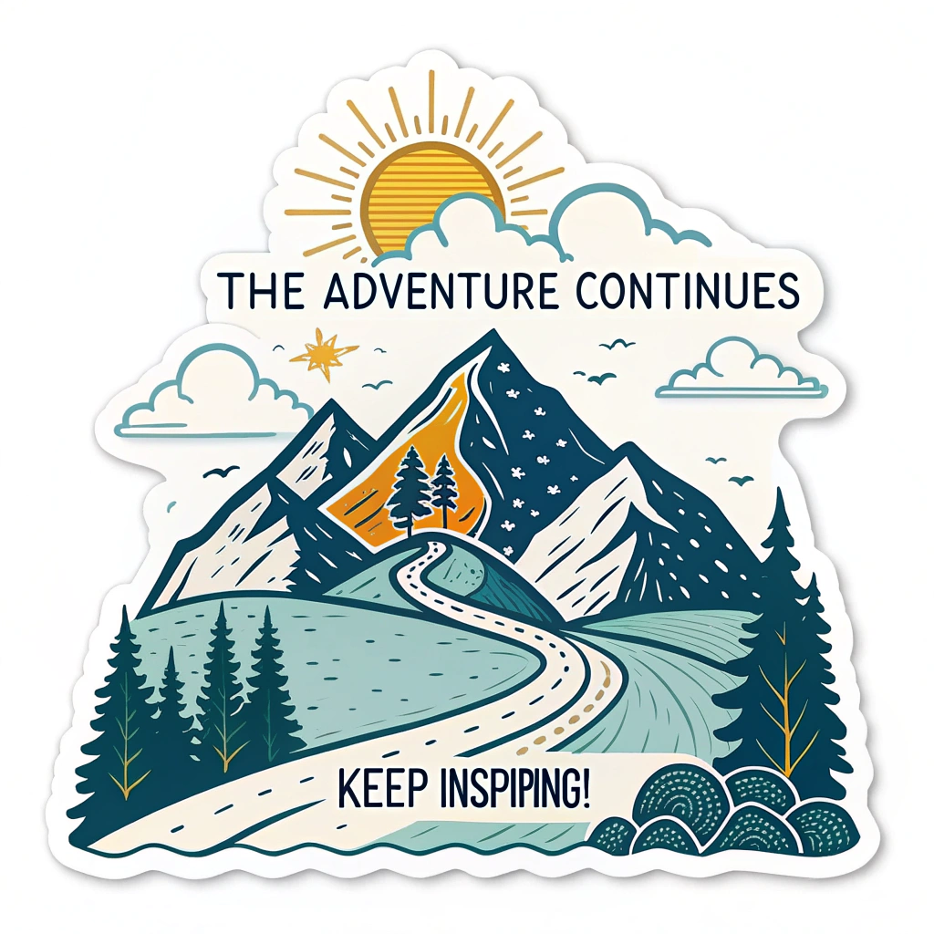 Sub-Design Idea 2 (Mountain Peak Journey): Depicts a stylized mountain range with a clear path leading upwards towards a shining sun or star. 'The Adventure Continues' arches over the mountains or follows the path, while 'Keep Inspiring!' is positioned at the base. Uses clean lines and an encouraging color palette (e.g., blues, greens, with yellow/orange accents) to represent achievement and ongoing growth.