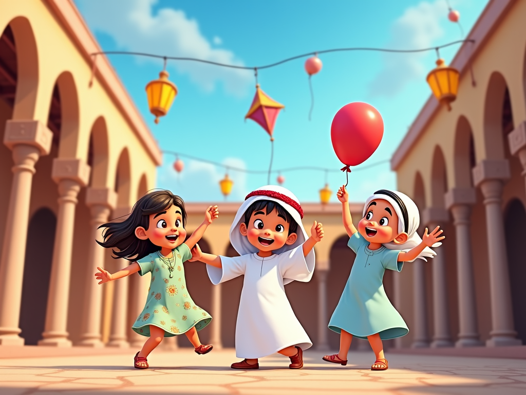 A dynamic animation of Qatari children actively participating in traditional Eid games and activities, with visual references to local heritage.