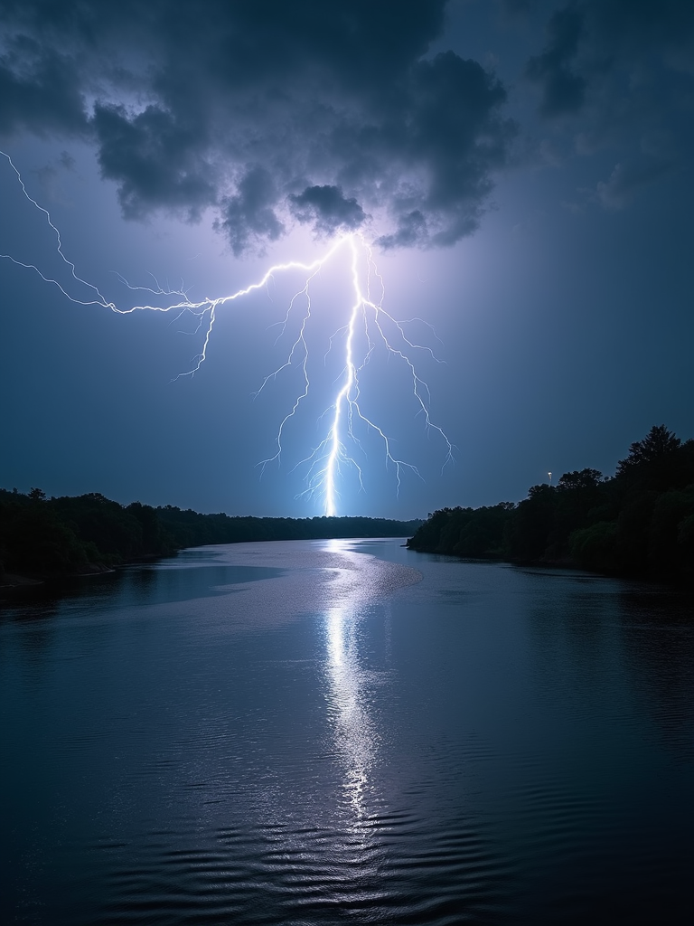 A dramatic wallpaper of a thunderstorm raging over a tranquil river. Shimmering lightning dances across the sky, reflecting beautifully in the water below. The river's surface vibrates with each thunderclap, symbolizing the symbiosis between water and lightning. This scene intricately captures the harmony of nature's forces at play.