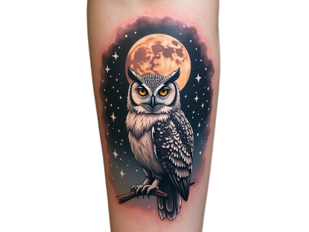 A peaceful moonlit owl tattoo perched on an arm, its eyes luminescent, feathers detailed to perfection against a starry backdrop.