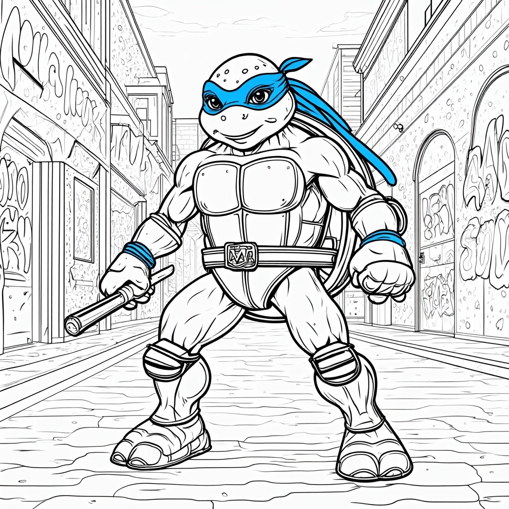 The image shows a sketch of a teenage mutant ninja turtle holding a weapon in his hand, surrounded by buildings with graffiti on the walls and a sky in the background. At the bottom of the image there is text that reads 