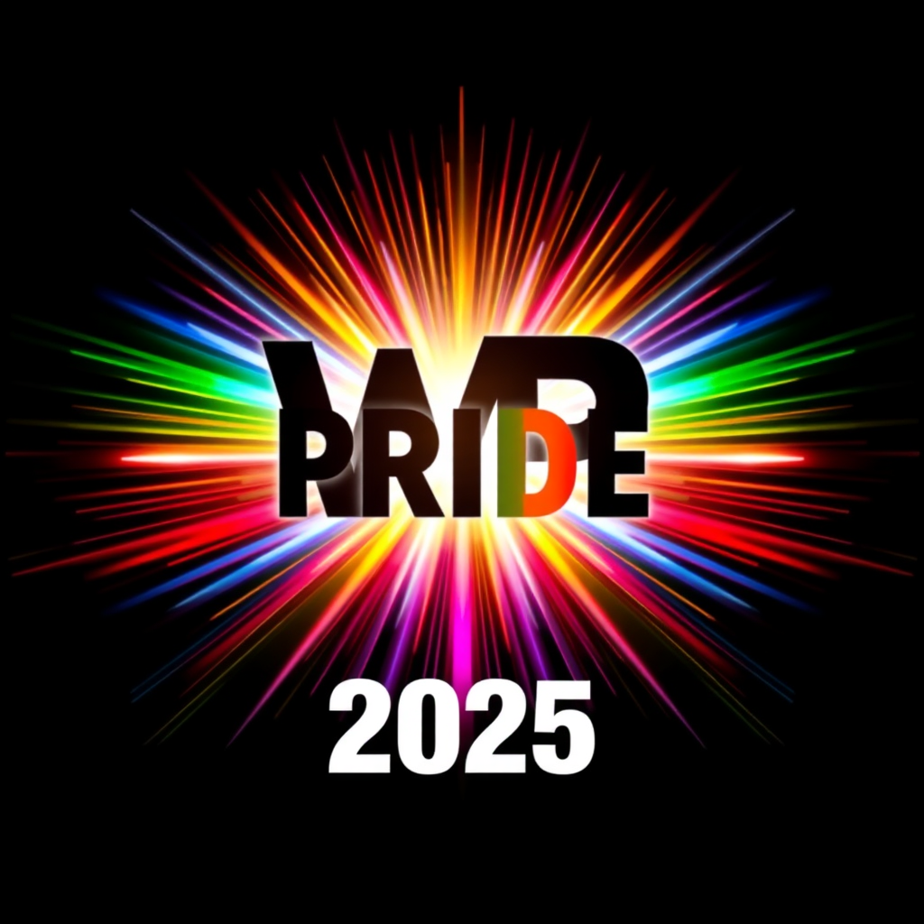 Sub-Design Idea 5 (Typographic Light Burst): The acronym 'WP' (for WorldPride) or the word 'PRIDE' designed to be the emitting source of a radiant light burst. Each letter contributes to the emanation of multi-colored light rays, creating a vibrant and empowering emblem. '2025' is positioned clearly below or within the light effect.