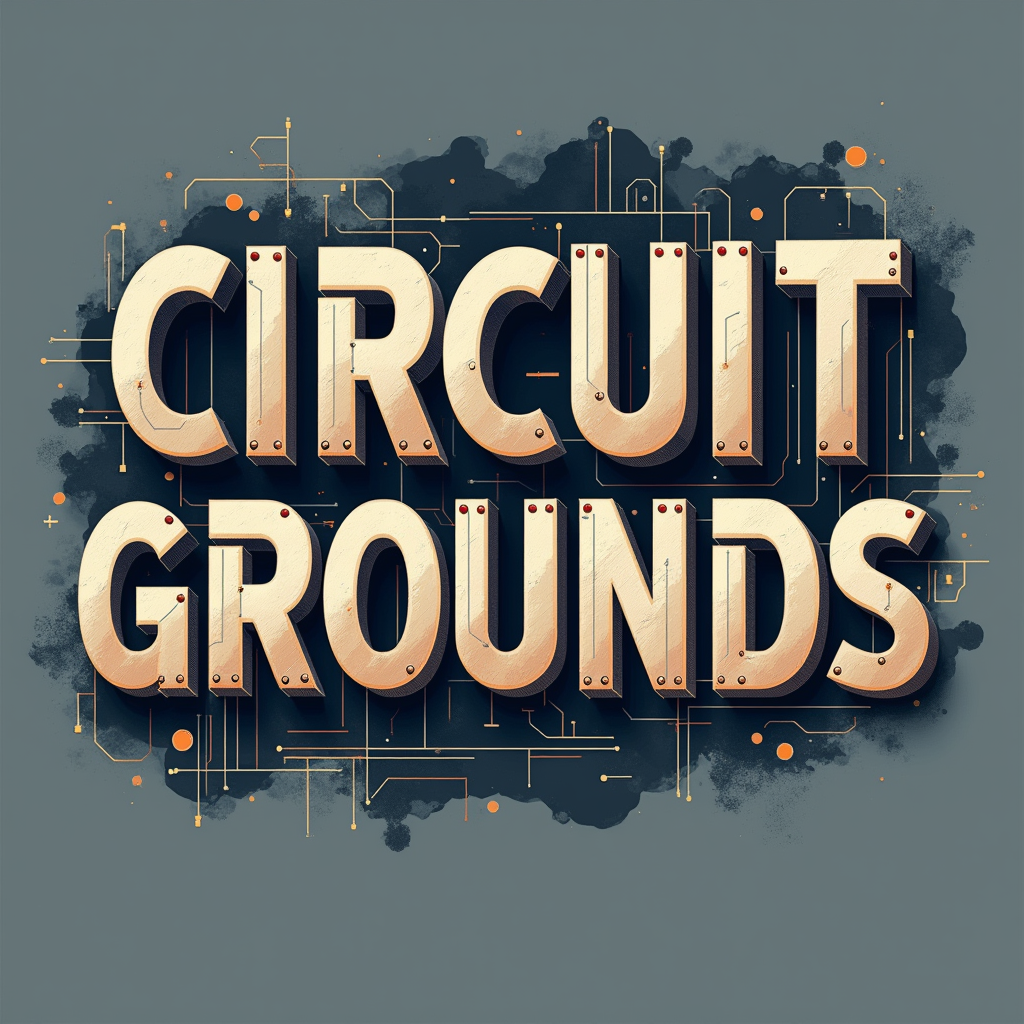 Simple Logo Idea for Circuit Grounds: The text 'CIRCUIT GROUNDS' rendered in a custom, wide, impactful sans-serif font where specific letterforms incorporate clean geometric breaks, cutouts, or segments, conveying a modern, technological, and architectural feel.