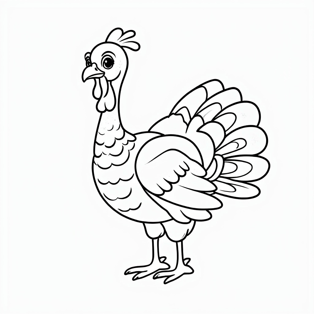 A whimsical turkey sketch featuring curvy lines and spiral feathers in black and white.