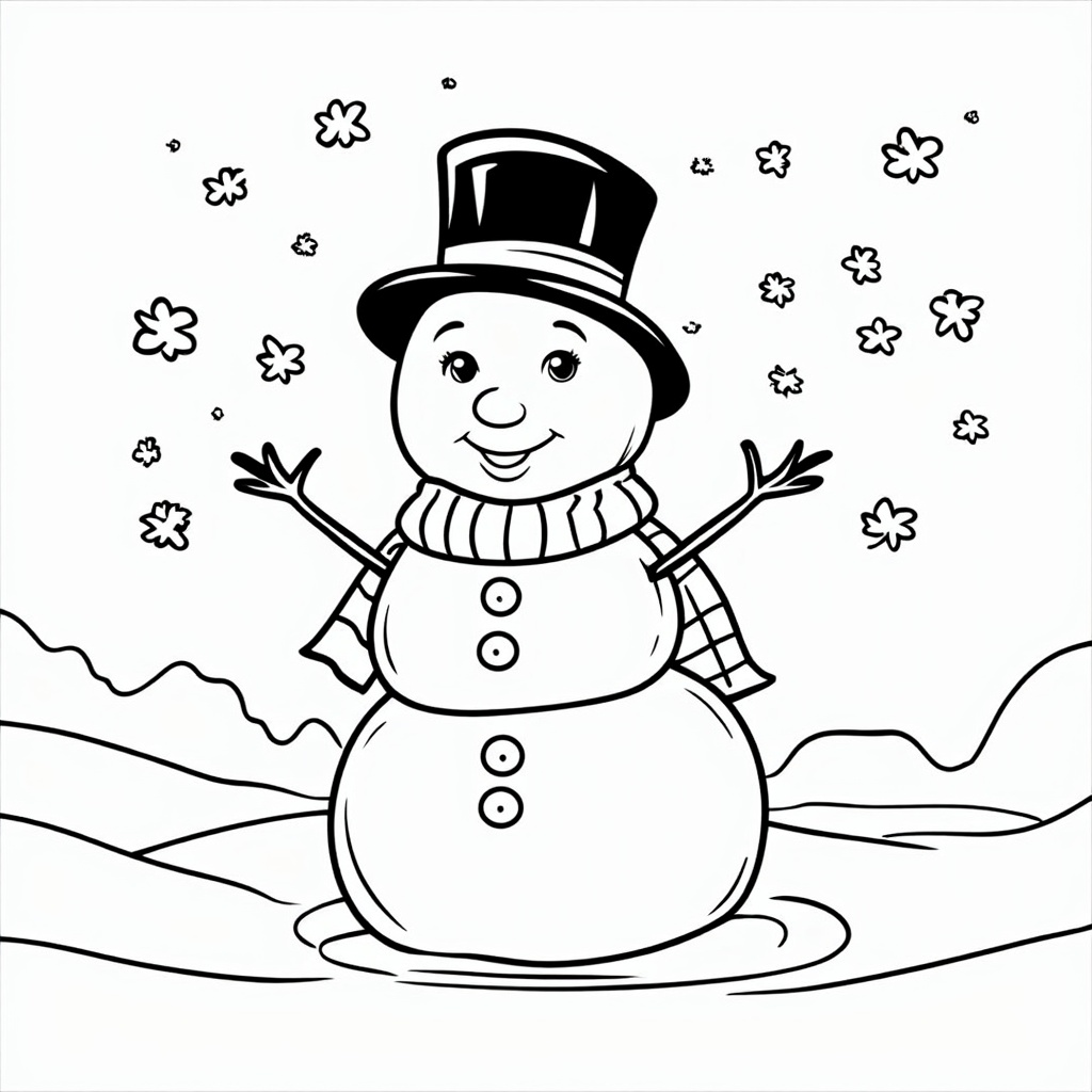 The image shows a snowman with a top hat and scarf, surrounded by a wintery landscape of snowflakes falling from the sky. The snowman is sketched in black and white, with the text 