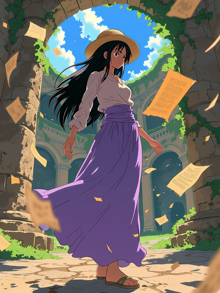 Nico Robin in a serene scene surrounded by fluttering historical scrolls, her iconic archaeologist persona emphasized within an ancient ruin setting in One Piece.