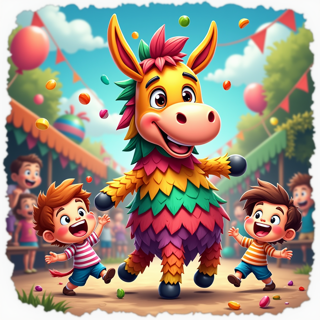A central playful cartoon piñata character (e.g., a colorful donkey or star) bursting with joy (or candy), surrounded by excited, cute cartoon children or animals with happy expressions.