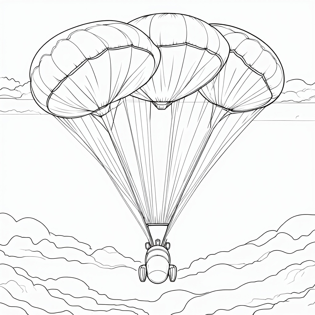 An illustration focusing on the deployment of Starliner's three main parachutes, showing them billowing open above the descending capsule, with clear parachute lines and a vast sky or upper atmosphere background.