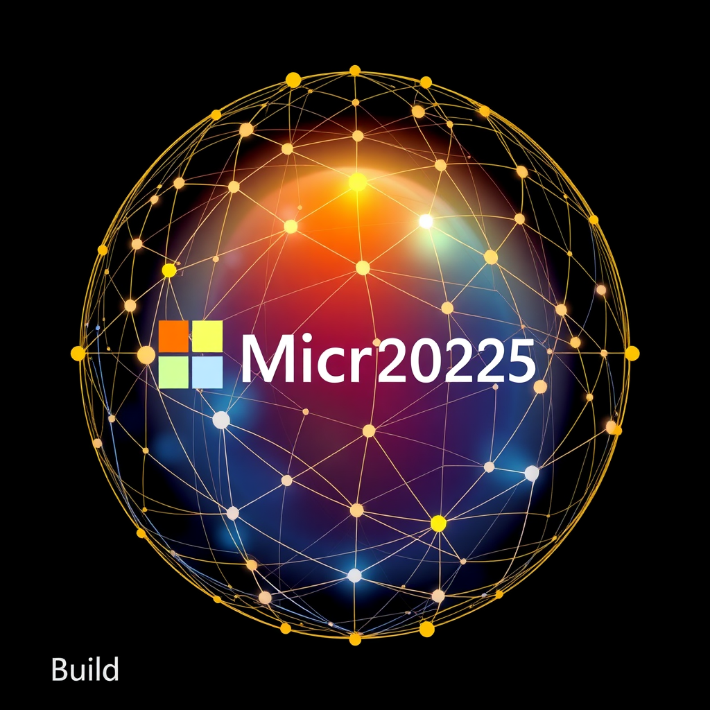 Abstract Network Sphere: An abstract sphere formed by a dynamic mesh of interconnected lines and nodes, rendered in Microsoft brand color gradients, symbolizing the global developer network. 'Build 2025' text is integrated.
