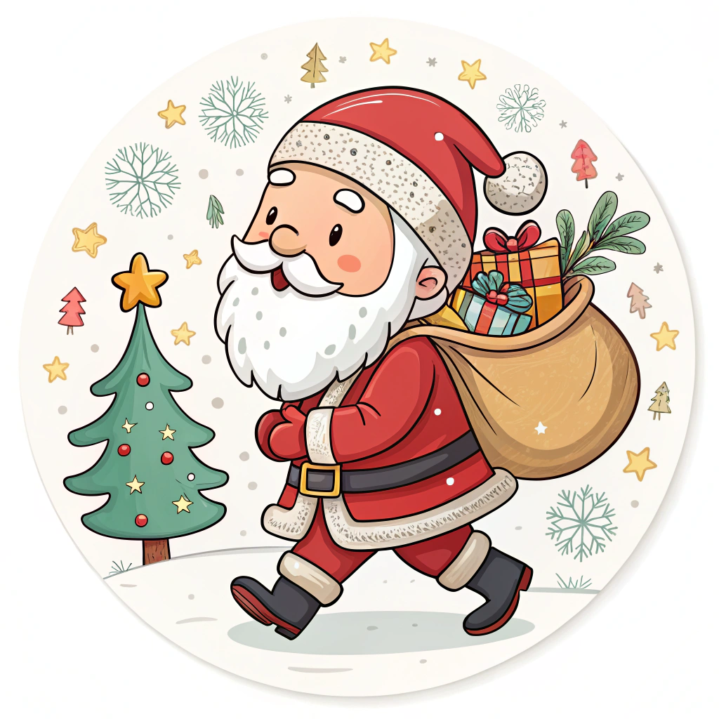 The image shows a cartoon Santa Claus carrying a bag full of presents in front of a Christmas tree. He is wearing a traditional red and white suit with a black belt and boots, and a white beard and moustache. The tree is decorated with colorful ornaments and lights, and the background is a bright white.