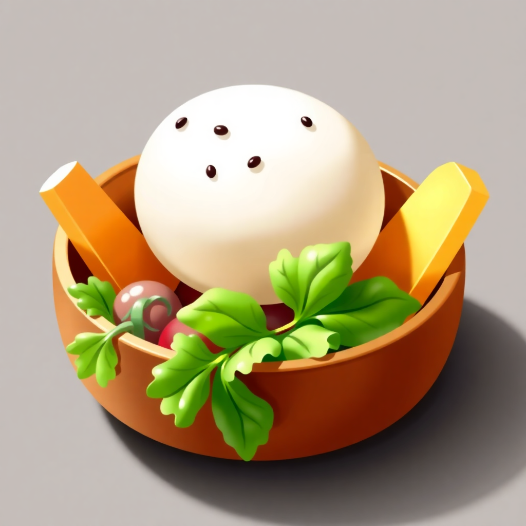 The image shows a bowl filled with a variety of vegetables, including leafy greens, carrots, and other vegetables, as well as a white ball in the center. The bowl is animated, giving the image a lively feel.