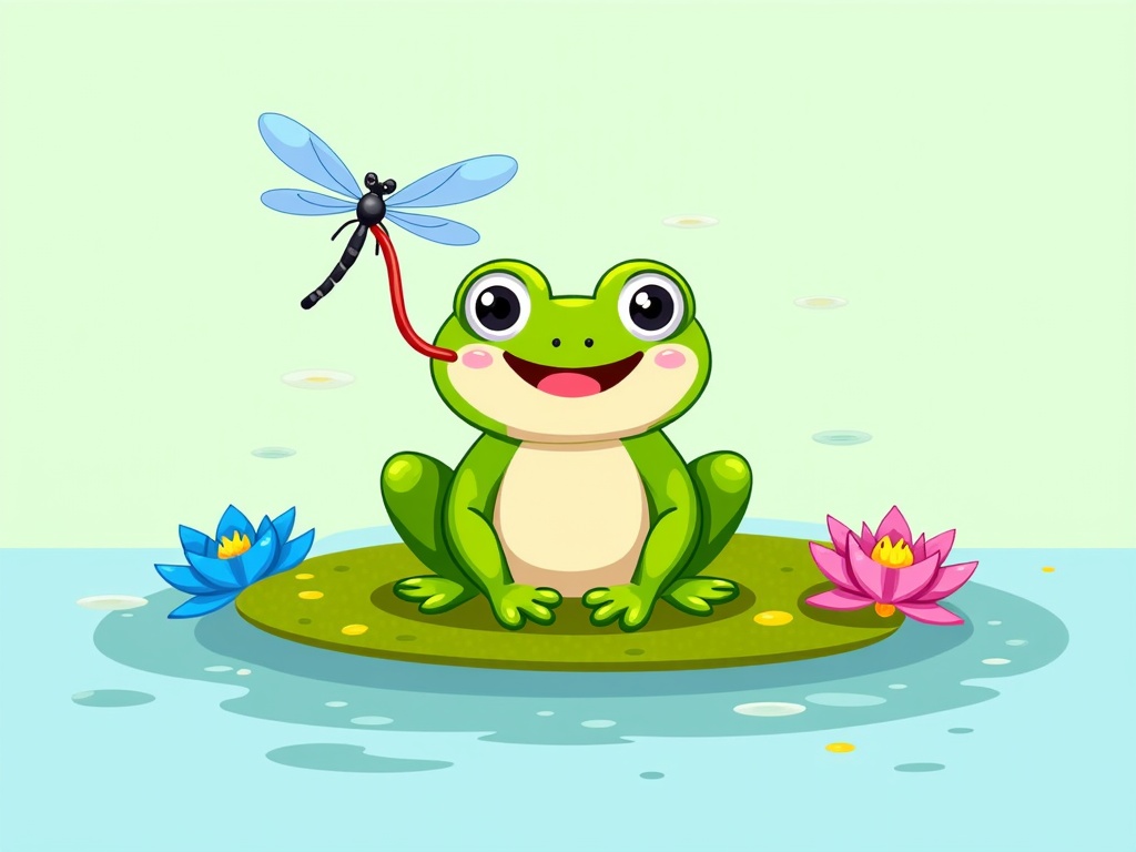 The image is a cartoon illustration of a green frog sitting on a lily pad in a pond. The frog has a big smile on its face and is holding a blue dragonfly in its mouth. The dragonfly is attached to the frog's body with a red string. There are two pink and blue water lilies on either side of the frog. The background is a light green color and the water is a pale blue. The overall theme of the image is happy and playful.