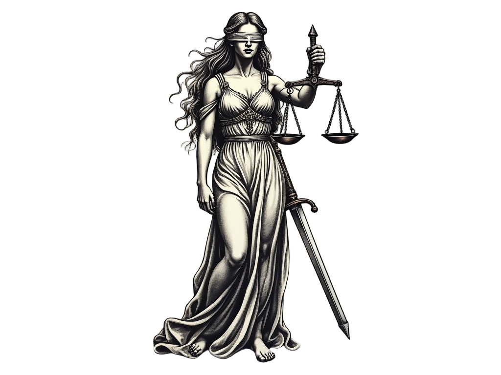 Intricate details on the Lady Justice tattoo illustrate her sword in the right hand, signifying power and protection.