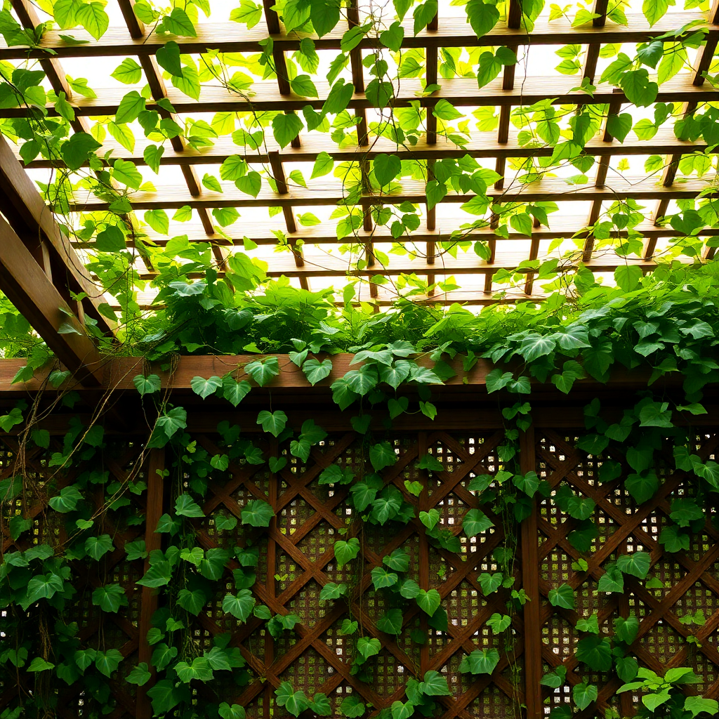 A design that incorporates a lattice structure with climbing plants, allowing leaves to grow and intertwine over the roof, creating a dense, green canopy.