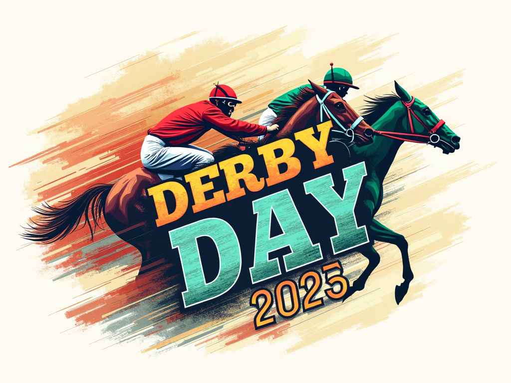 Retro Poster Design 4: 'Jockey Silks & Speed Lines' - A dynamic, slightly abstract design showing colorful jockey silks against a backdrop of speed lines and a textured, aged paper look. 'Derby Day 2025' in a blocky, retro athletic font.