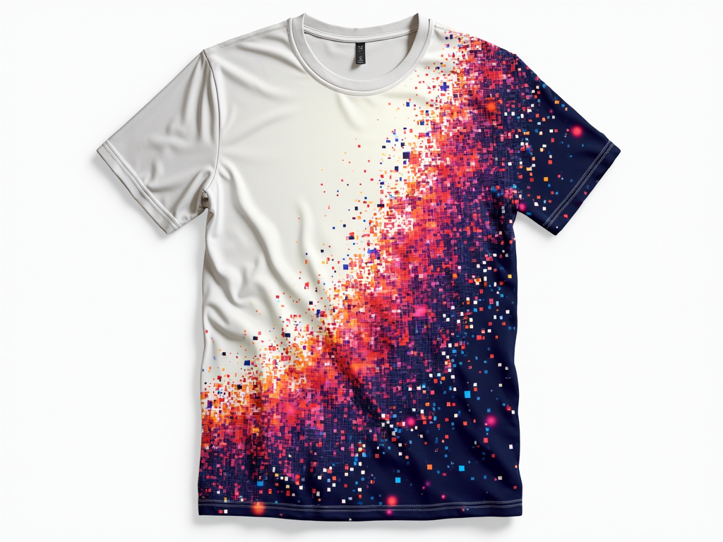 A T-shirt design featuring a cascade of digital pixels at the top, which gradually merge and refine into a complex, vibrant AI-generated artwork towards the bottom, directly illustrating the 'Pixel to Print' concept.