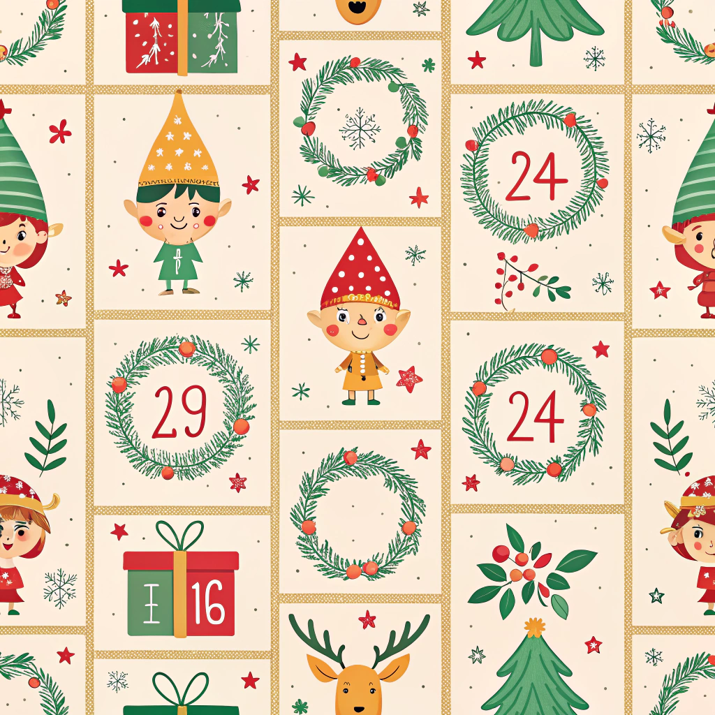 A close-up of an advent calendar with each day beautifully marked and adorned with festive patterns, some showcasing elves, wreaths, and glittering reindeer.