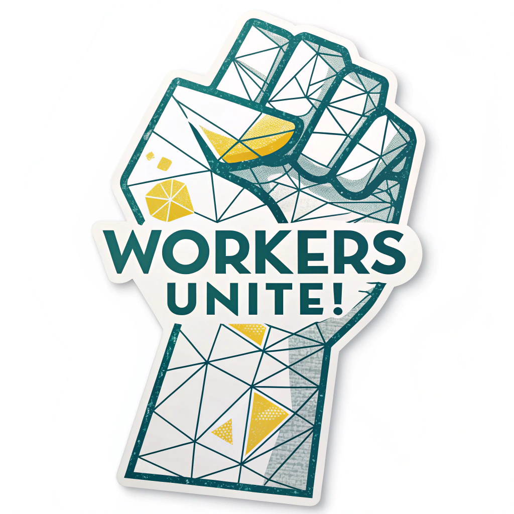 Modern Geometric: A stylized, geometric interpretation of the raised fist. 'Workers Unite!' in a clean, modern sans-serif font, perhaps integrated into the fist's form. Monochromatic with a single accent color, or a bright, contemporary palette.
