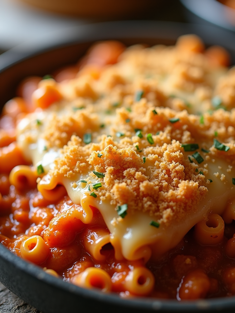 A close-up of golden-brown breadcrumbs sprinkled over the top of a homemade baked ziti, adding a crispy texture to the rich, cheesy, and savory pasta layers.