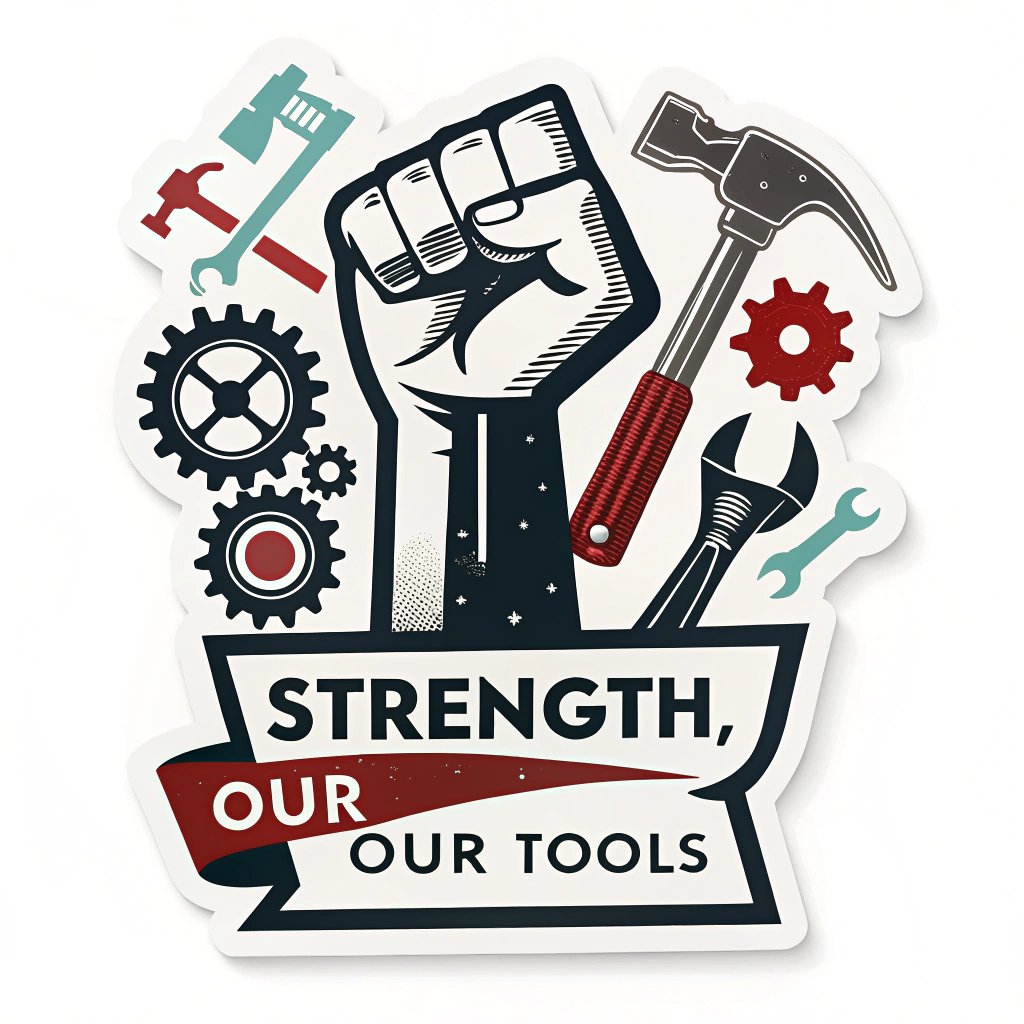 An arrangement of various iconic worker's tools (e.g., hammer, wrench, gear, pickaxe, shovel) creatively combined to form the silhouette of a raised fist. This design emphasizes the collective power derived from different labor sectors. Minimal text like 'Our Strength, Our Tools'.