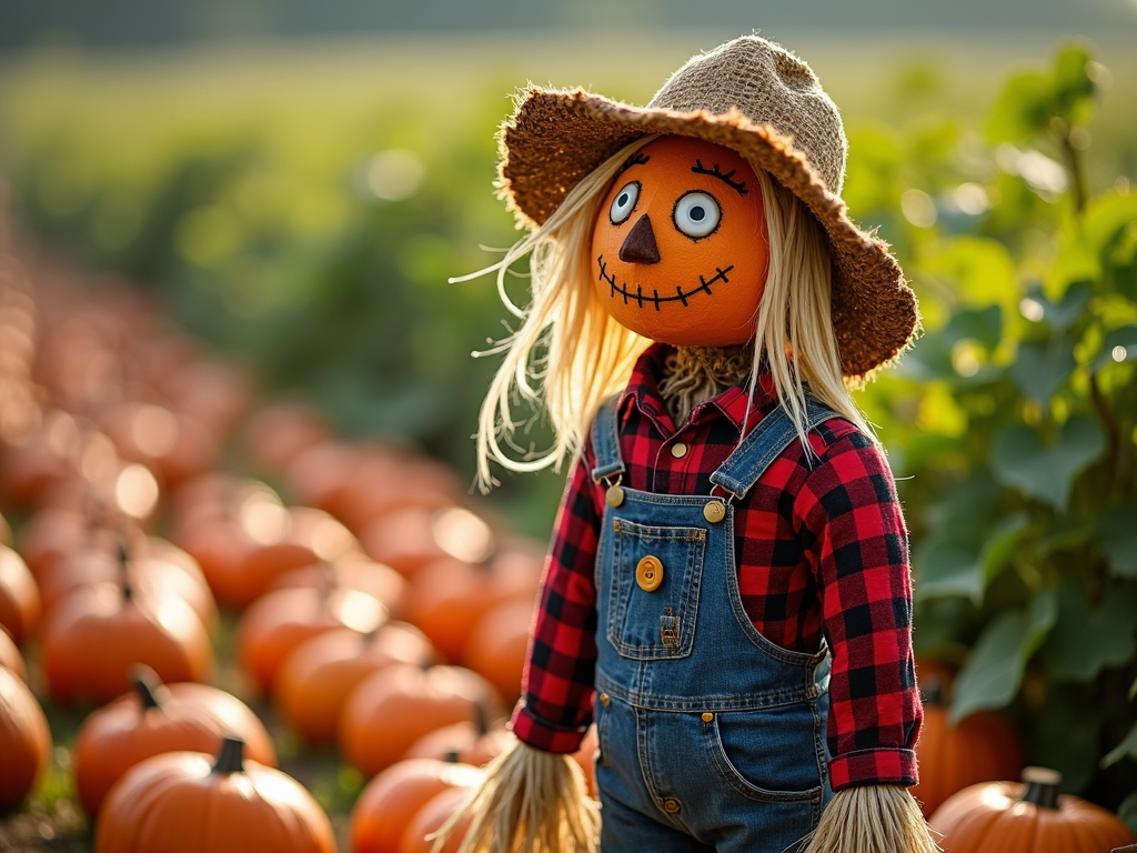 A scarecrow stands in a pumpkin patch, straw hat on its head, overlooking rows of pumpkins glistening with morning dew.