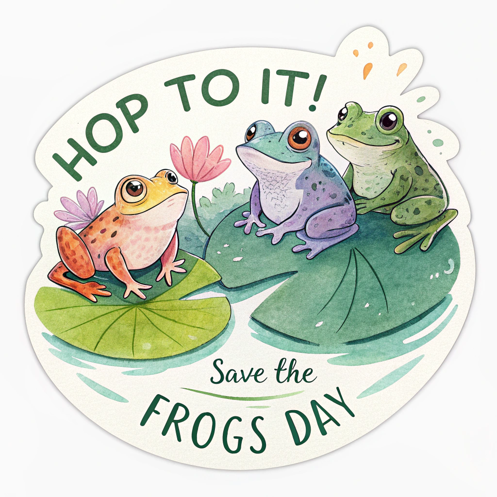 Paint a scene with multiple small, different colored watercolor frogs sitting together on a single large lily pad or overlapping leaves. The text 'Hop To It! Save The Frogs Day' could be placed playfully around the composition.