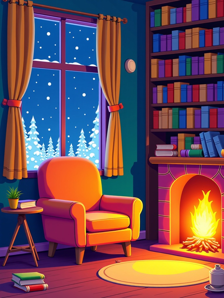 A wider scene depicting a cozy room corner: bookshelf filled with books, armchair, fireplace, maybe a window showing a gentle night scene (snow or rain) outside, enhancing the indoor coziness.