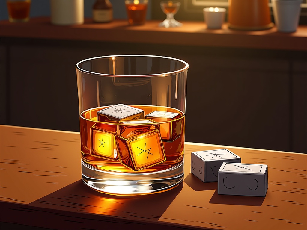  a glass of whiskey on a wooden bar counter. The glass is filled with a golden-brown liquid and has several ice cubes floating in it. On the right side of the glass, there are two small cubes with a smiley face on them. The background is blurred, but it appears to be a bar with other bottles and glasses on the counter.