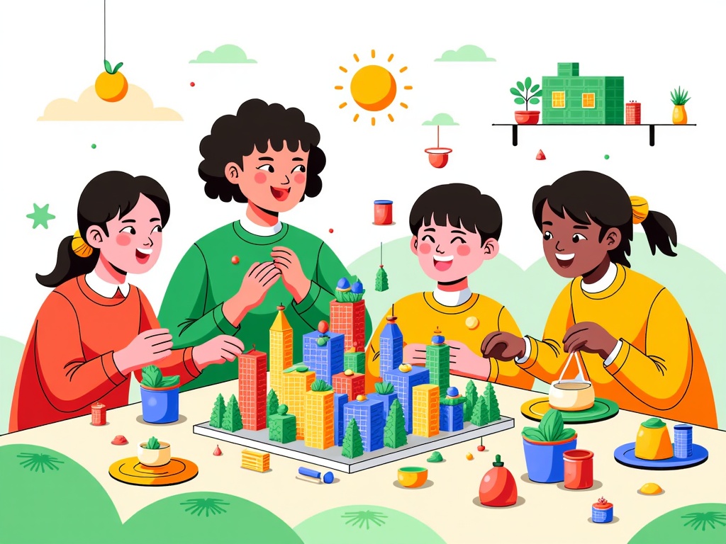 An illustration featuring children and adults from diverse backgrounds collaboratively building a model of a sustainable city or community, filled with green technology and harmonious living, portraying a hopeful story of intergenerational responsibility and co-creation.