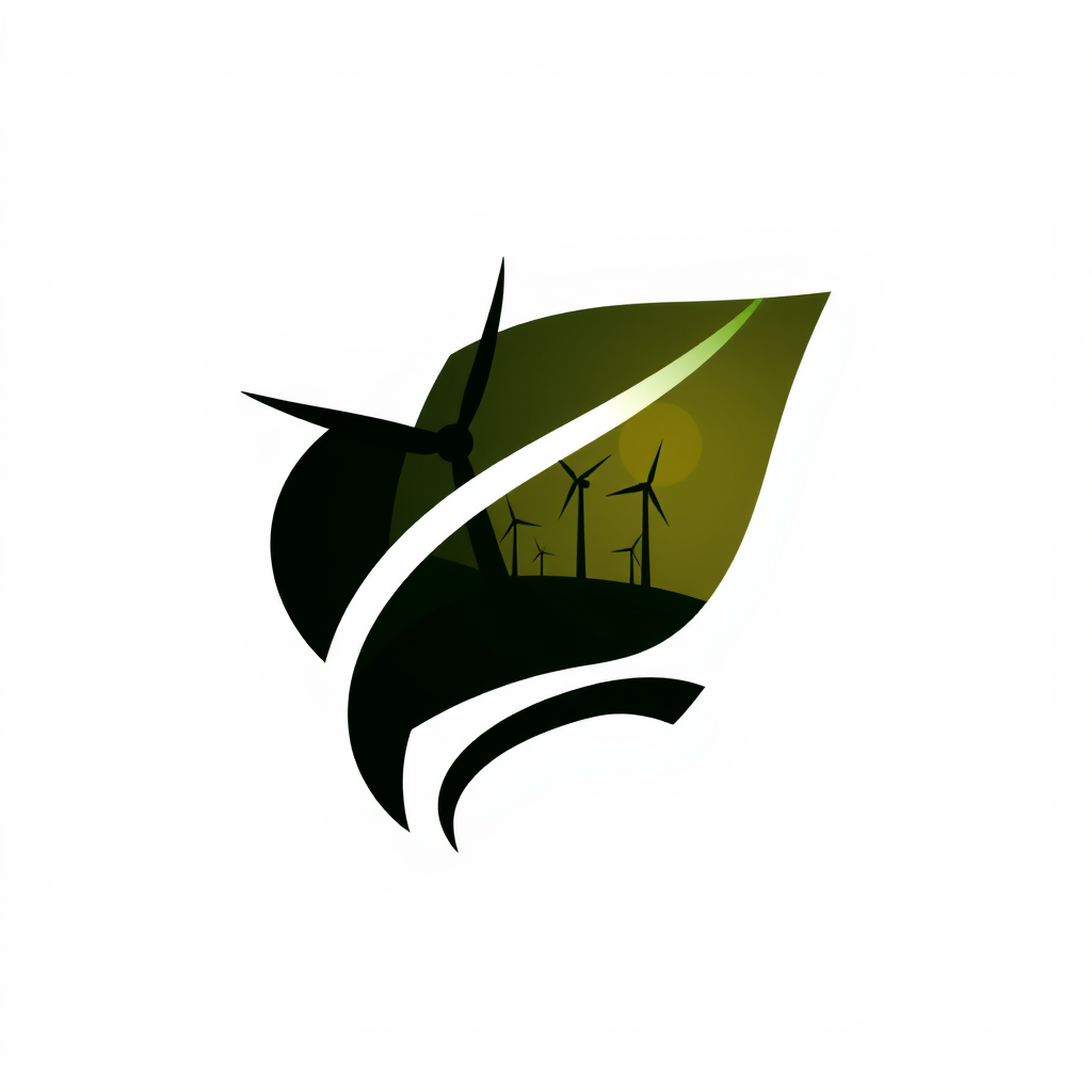 An abstract logo where the silhouette of a leaf is formed by the negative space created by intertwining silhouettes of wind turbine blades and flowing water, indicating energy organically supporting life.
