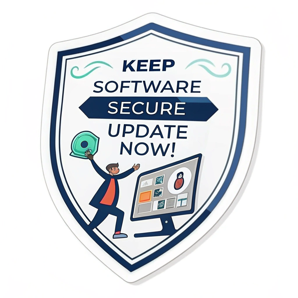 Sticker Sub-Design 1 (Shield Emphasis): A design centered around a strong shield graphic. The shield has an embedded 'Update Now!' button, with visual cues of software components being fortified or patched within the shield outline. Text: 'Keep Software Secure'.