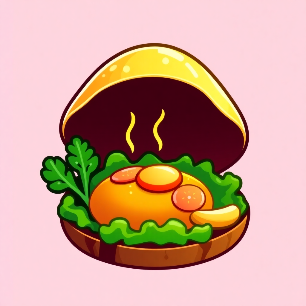 The image shows a cartoon hamburger with lettuce, tomato, and cheese on a pink background. The hamburger is animated, giving it a lively and vibrant look. The lettuce is a bright green, the tomato is a deep red, and the cheese is a golden brown. The background is a soft pink color, adding to the overall cheerful atmosphere of the image.