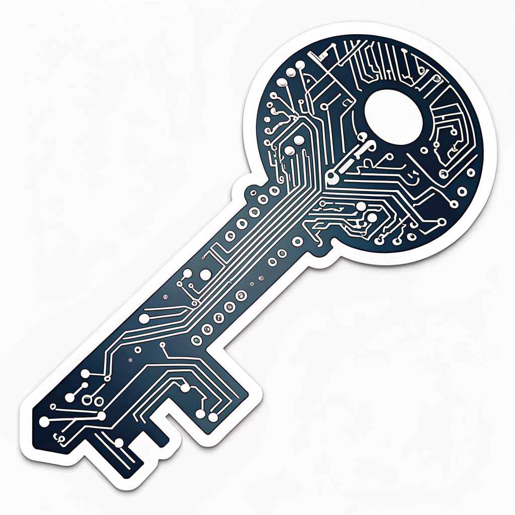 Abstract Cipher Key Silhouette: A silhouette of a classic key where the traditional bit and cuts are replaced by a complex, chaotic encrypted circuitry pattern. The entire key shape emits a faint glow, symbolizing access through sophisticated security measures.