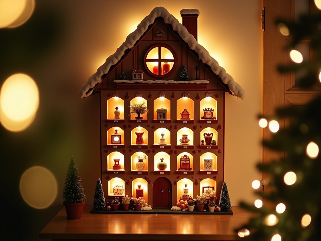 A beautifully illuminated advent calendar hanging on a wall, designed like a cozy cottage with a snowy roof. Each window and door offers a small treat or trinket, and its daily opening is eagerly anticipated. The countdown reflects the essence of holiday excitement building up to the joyous celebration of Christmas.