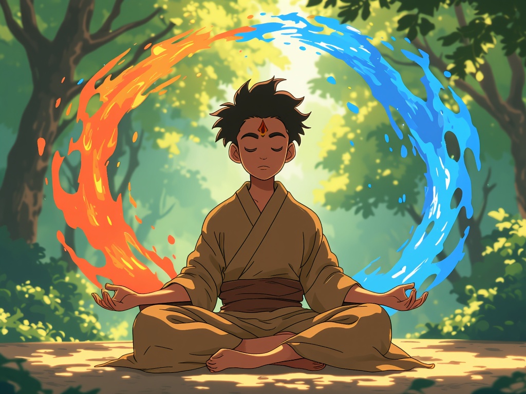 The four main elements – Earth, Water, Fire, Air – swirling around a serene Aang, symbolizing his role as the Avatar, the bridge between people and the spirit world.