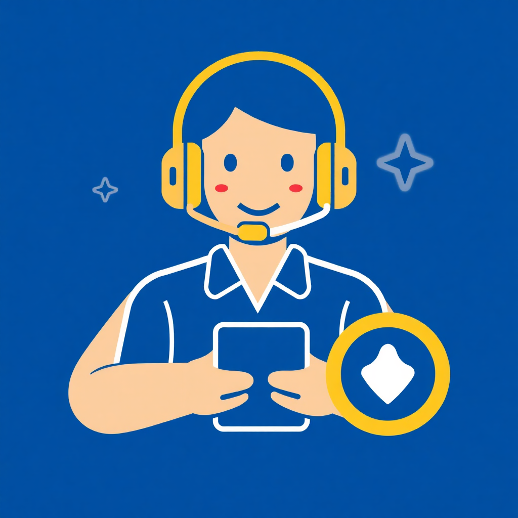 The image is an illustration of a person wearing a headset and holding a tablet. The person is wearing a blue shirt and has a smile on their face. The background is a solid blue color with small white stars scattered around. On the right side of the image, there is a yellow circle with a white star in the center. The overall design is simple and cartoon-like.