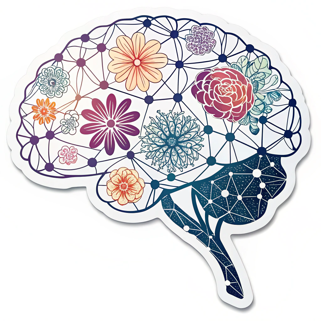 Geometric Neural Bloom: A stylized brain silhouette from which geometric neural network patterns (nodes and lines) blossom outwards, forming intricate floral or fractal shapes. Colors could be a mix of cool blues/purples for the network and vibrant pinks/oranges for the 'bloom'.