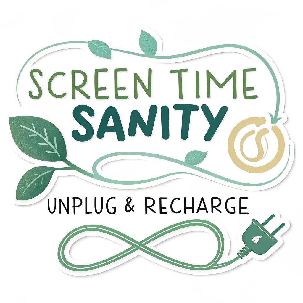 Simple Logo Idea: The phrase 'Screen Time Sanity' in a clean, approachable font, with 'Unplug & Recharge' below it, where the ampersand (&) is creatively stylized as a gently looping unplugged cord that subtly forms a leaf or an infinity symbol.