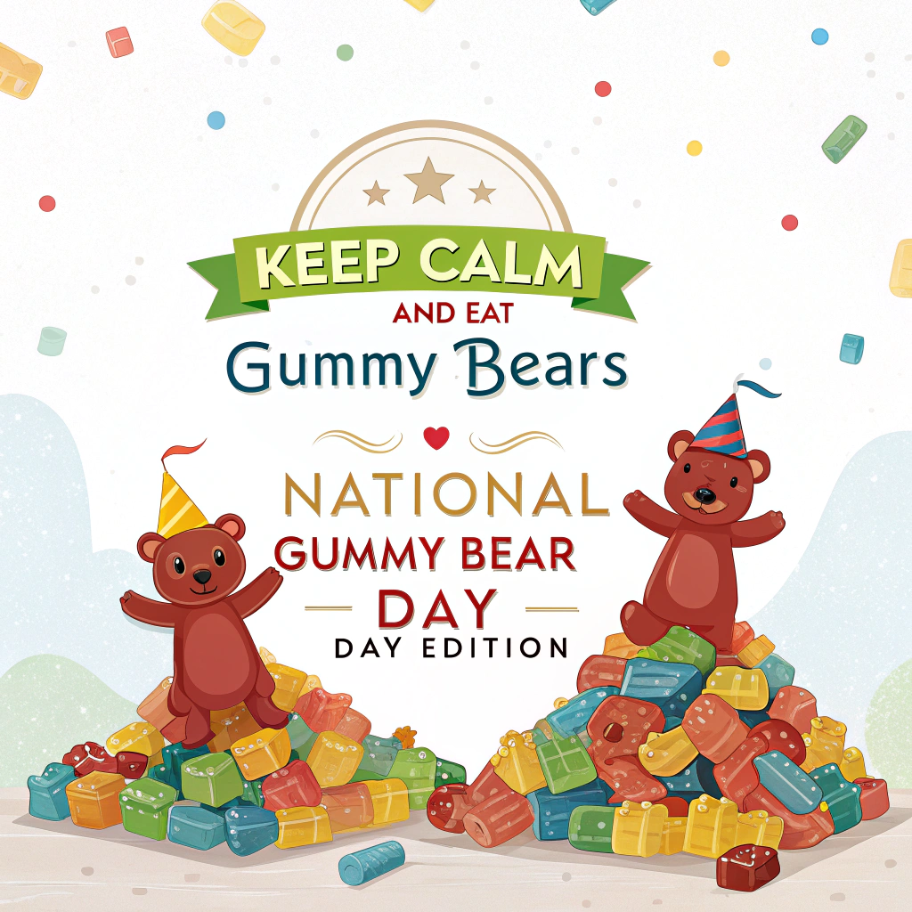 Sub-design: A playful pile of multi-colored gummi bears, some wearing miniature party hats or holding tiny celebratory flags. The text 'Keep Calm and Eat Gummi Bears' is arched above this scene. 'National Gummi Bear Day - Day Edition' could be on a ribbon graphic. The background should be cheerful, possibly with confetti elements and a light, daytime sky.